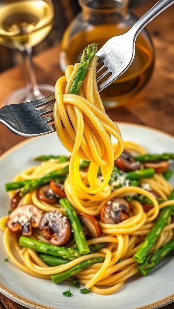 Creamy asparagus and mushroom pasta garnished with parsley and Parmesan on a rustic table.